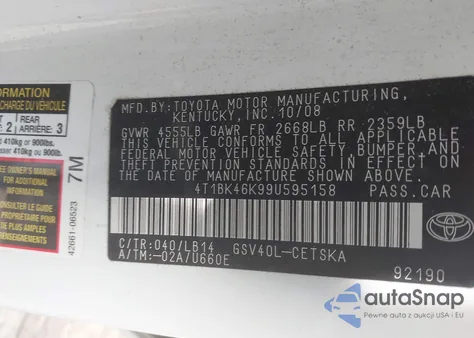 2009 Toyota Camry Se V6 z USA, uszkodzony, nr VIN 4T1BK46K99U595158